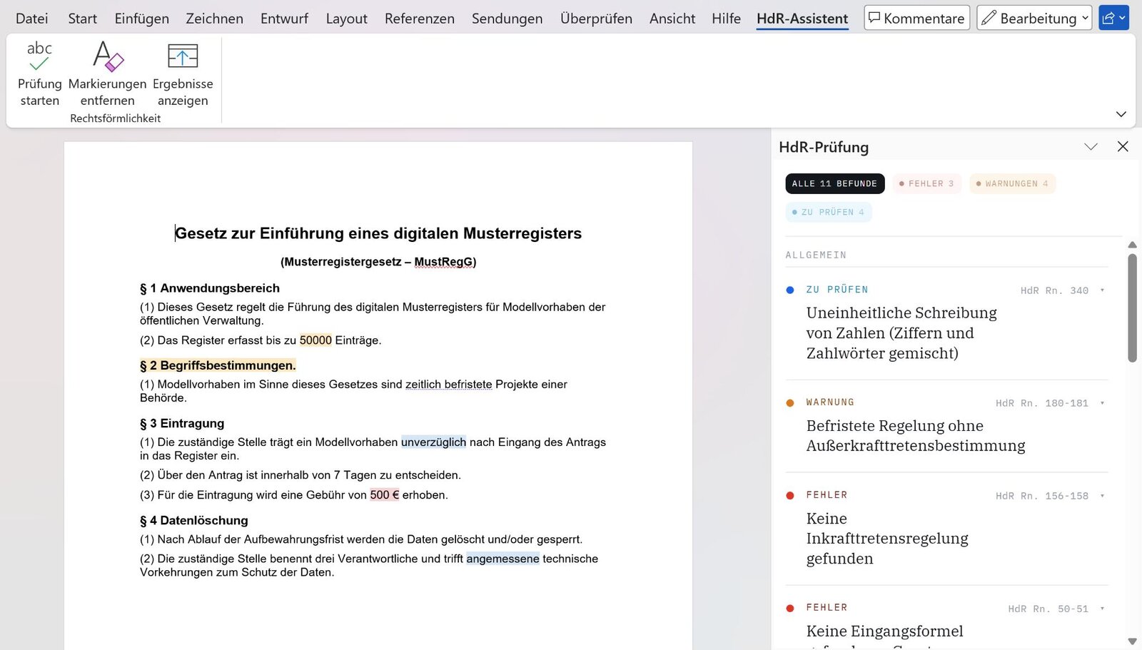 HdR-Assistent in Microsoft Word: Seitenleiste mit 11 Befunden zu einem Gesetzentwurf, gefiltert nach Fehler, Warnung und Zu prüfen, jeweils mit HdR-Randnummer