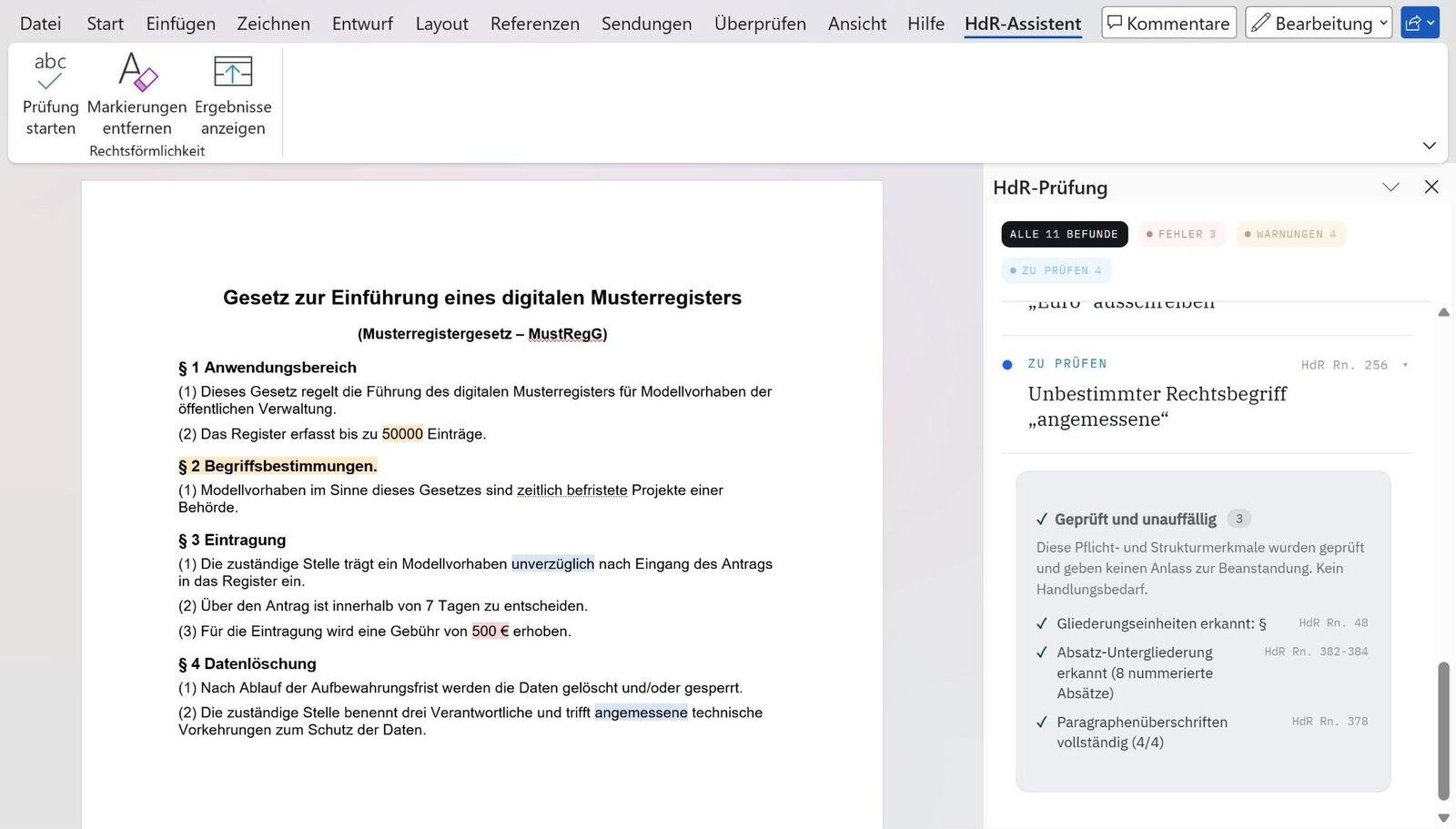Block „Geprüft und unauffällig“ im HdR-Assistenten: Gliederungseinheiten, Absatz-Untergliederung und Paragraphenüberschriften geprüft, kein Handlungsbedarf